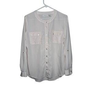 Chico's Minimalist Pink Modal Blouse Roll Tab Sleeve Button Front Top Size M/8